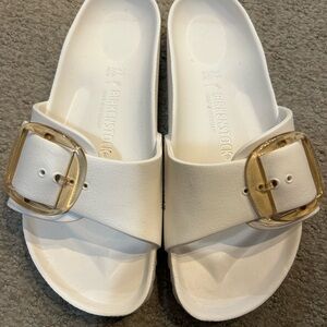Birkenstock White Slide Sandals with Gold Buckle